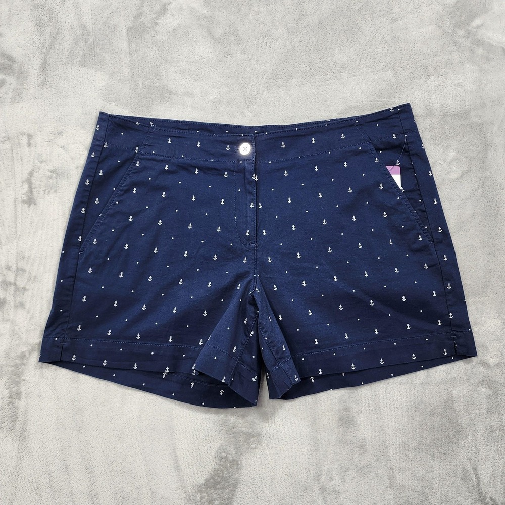 NEW Nautica Shorts Womens 14 Blue Anchor Print 5 Inch Chino Twill Stretch Casual